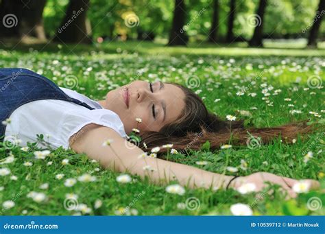 Junge Frau Die Im Gras Mit Blumen Liegt Stockfoto Bild Von Glück Sorglos 10539712