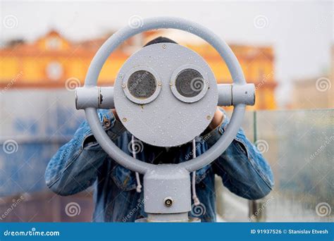 Fun Ideas Man Looks Through His Binoculars On The Lookout Closeup