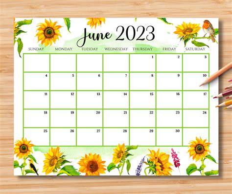 Editable June Calendar Gorgeous Summer With Beautiful Etsy