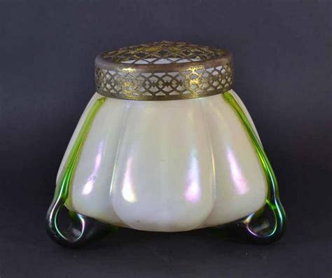 Loetz Art Nouveau Iridescent Glass Vase With Metal Cover European Glass