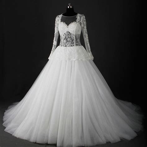 Ball Gown Illusion Neckline Long Sleeve Tulle Lace Peplum Wedding Dress