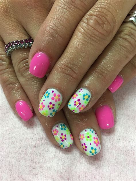 Bright Pink And Dotted Flowers Summer Gel Nails Bright Gel Nails