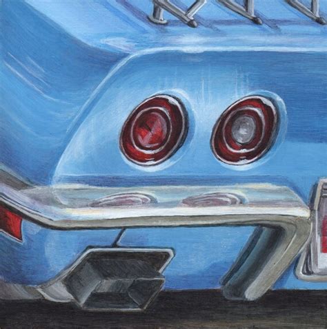Classic Car Acrylic Painting On Wood Panel Blue Corvette