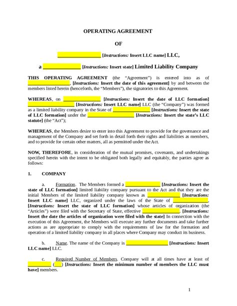 2024 Llc Operating Agreement Template Fillable Printable Pdf And Forms