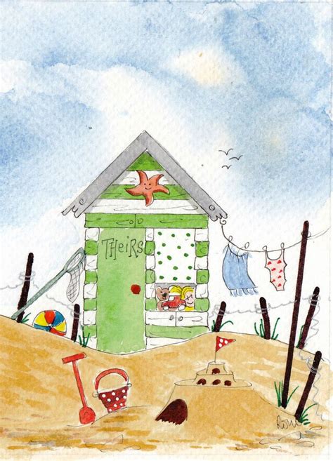 Original Watercolor Painting Signed Kids Beach Hut Seascape Teddy Doll