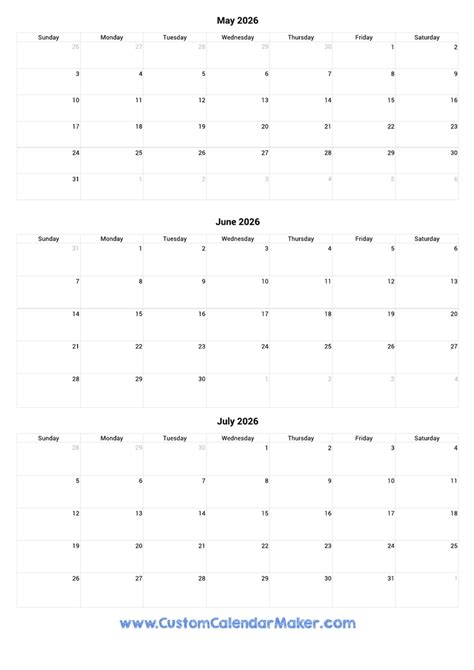 May To July 2026 Calendar Printable