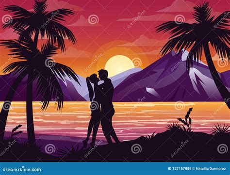 Vector Illustration Of Kissing Couple Silhouette On The Beach Under The Palm Tree On Sunset