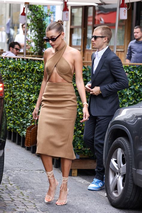 Hailey Biebers Wears Top To Toe Lilac And Many Bottega Veneta Pouches In Paris