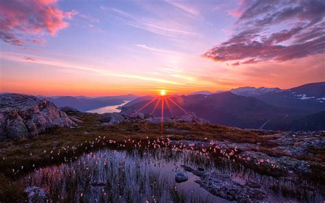 Wallpaper Hills Rocks Mountain Sky Clouds Sunrise Flowers