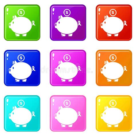 Pig Money Icons Set 9 Color Collection Stock Vector Illustration Of
