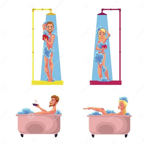 Man Woman Taking Shower Bath Washing Enjoying Bathing In Bathtub