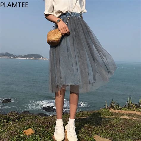 Plamtee Fashion Elastic Waist Mesh Stitching Denim Skirt Women Summer Sweet Jeans Skirts Lady