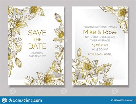 Floral Wedding Invitation Design Or Greeting Card Templates With Golden