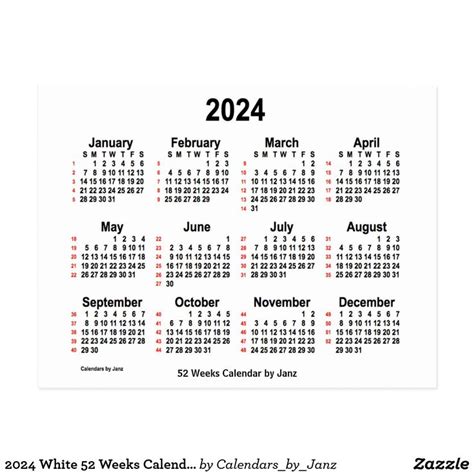 2024 White 52 Weeks Calendar By Janz Postcard Zazzle Mini Calendars