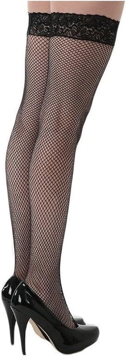 Mytoptrendz Women S Hold Ups Stockings Lace Top Fishnet Thigh High Silicone Band Stay Up Black