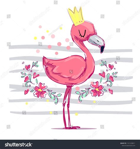 Hand Drawn Cute Flamingo Princess Vector Illustration Summer Print