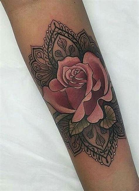 Cool Geometric Mandala Watercolor Pink Rose Tattoo Ideas For Women