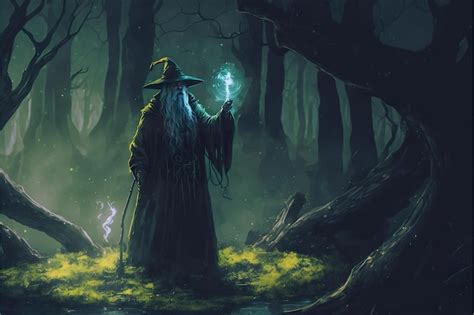 Premium Photo An Old Wizard Casting A Spell In The Mystical Forest