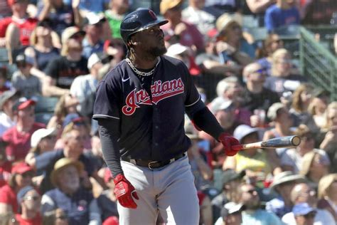 Cleveland Indians Franmil Reyes Watches His Three Run Home Run Take