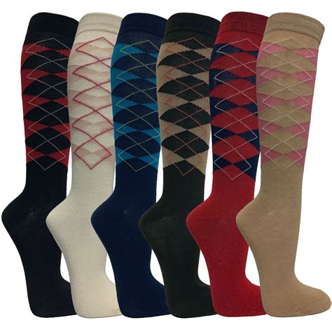Womens Casual Knee High Socks Patterned Colors Fashion Socks Argyles 6 Pairs