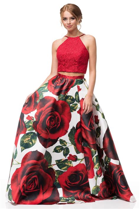 Red Two Piece Floral Prom Dress Bcan06 Floral Prom Dresses Prom