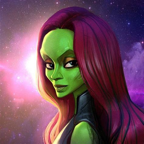 A Woman With Red Hair And Green Skin Wearing An Alien Costume In Front Of A Star Filled Sky