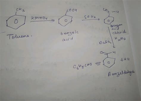 In The Following Sequence Of Reactions Toluene Kmno4 A Socl2 B H2