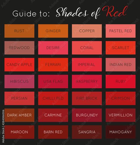 Guide To Shades Of Red Color Palette With Names Vector Stock Vector