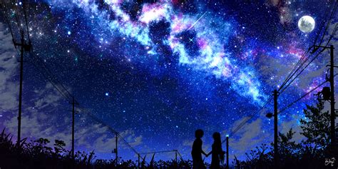 Anime Original Boy Girl Moon Shooting Star Starry Sky