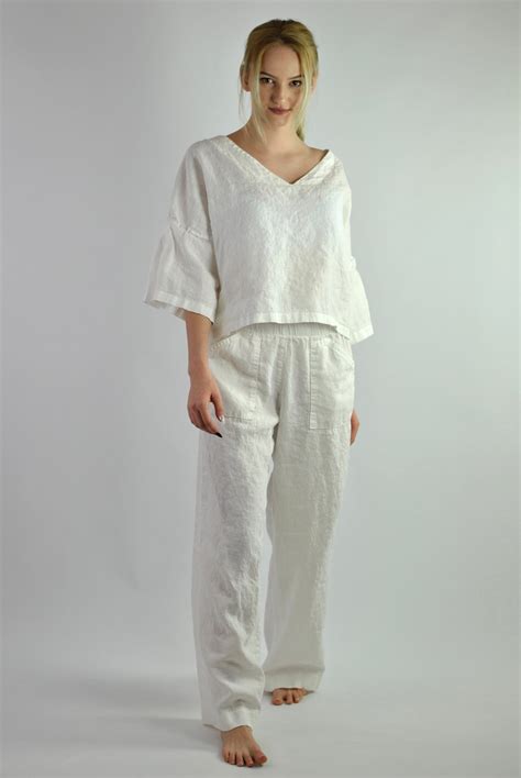 Pure White Linen Pants And Blouse Linen Set Trousers With Pockets And