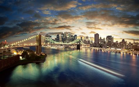 City Night Lights River Bridge Brooklyn New York Wallpaper