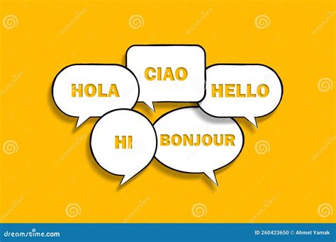 Hello In Many Different Languages With Speech Bubbles Stock Photo