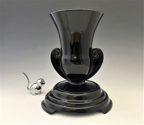 Elegant Fostoria Black Glass Vase 2467 With Stand Sakier Design Art Deco Vase Vintage