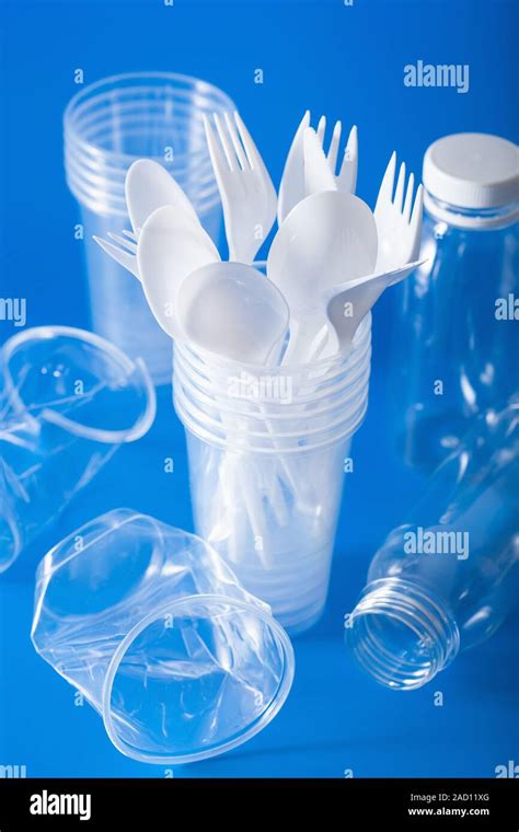 Single Use Plastic Bottles Cups Forks Spoons Concept Of Recycling