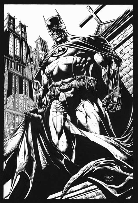 A Black And White Drawing Of Batman In Front Of A Cityscape With