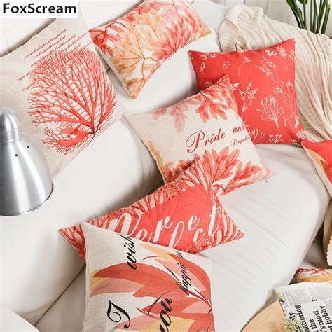 Marine Decorative Throw Pillows Cover Modern Red Coral Linen Cushion
