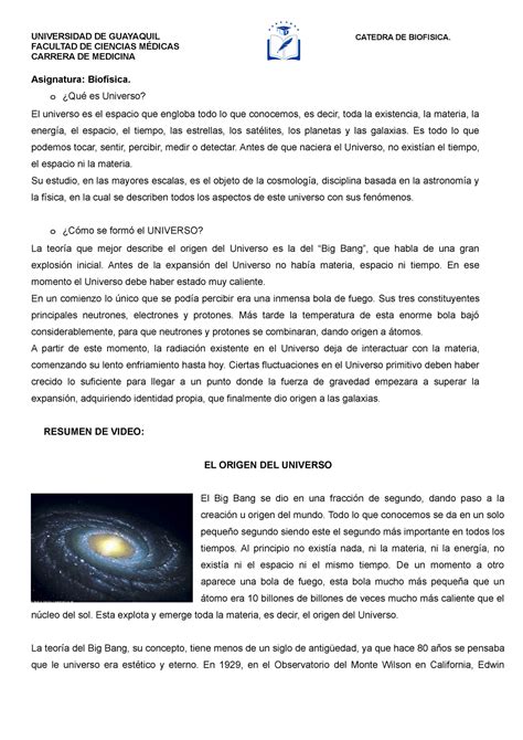 El Origen Del Universo Facultad De Ciencias MÉdicas Carrera De