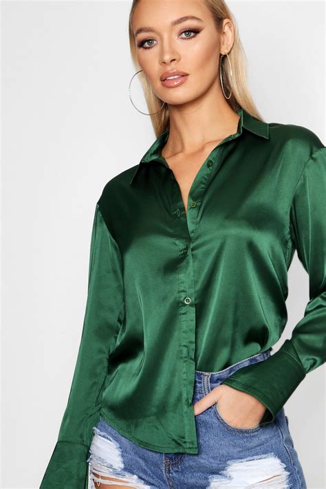 premium satin shirt boohoo satin shirt green shirt outfits satin shirt outfit