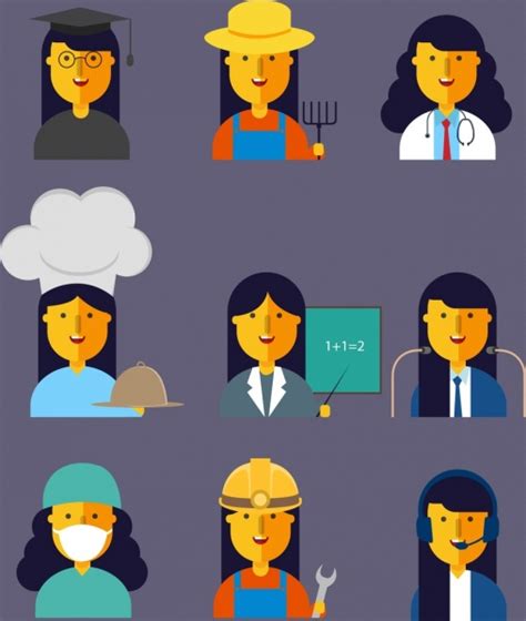Female Profession Icons Collection Colored Cartoon Characters Vectors Graphic Art Designs In