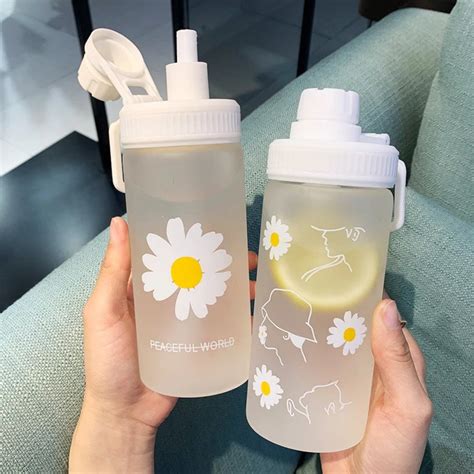 Cute Daisy Plastic Water Bottles Straw Portable Traveling Etsy