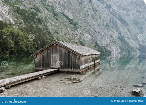 Boathouse With Jetty At Lake Obersee Germany Stock Image Image Of