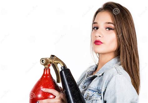 Sensual Female Firefighter With A Red Fire Extinguisher Stock Image Image Of Blond Employee