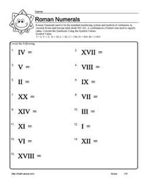 Roman Numerals Worksheet Grade