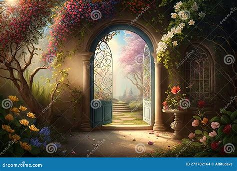Heavenly Garden With Colorful Flowers And Blooming Trees Leading To