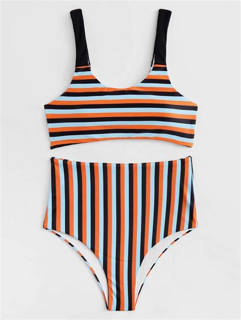 Multicolor Orange Striped Swimsuit Cami Top High Waist Bikini Bottom