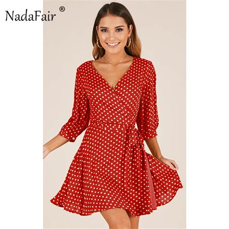 Nadafair Sexy V Neck Polka Dot Bow Mini Dresses Women Summer Casual