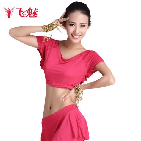 Belly Dance Top Short Sleeve Belly Dance Double Layer Roll Up Hem Top