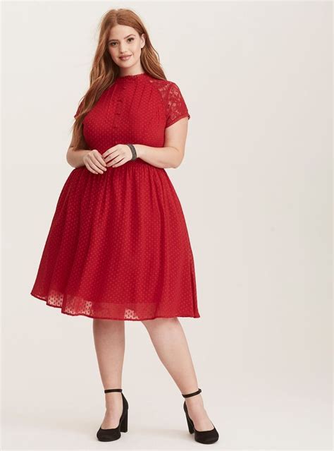 Red Textured Dot Chiffon Lace Button Front Swing Dress Torrid