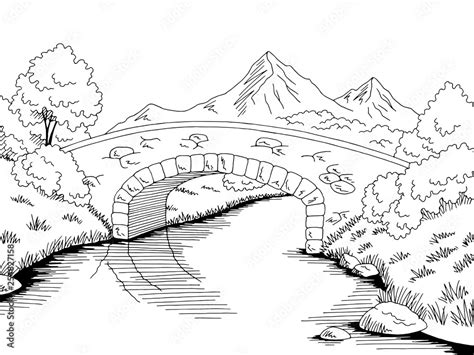 Bridge Graphic River Black White Landscape Sketch Illustration Vector