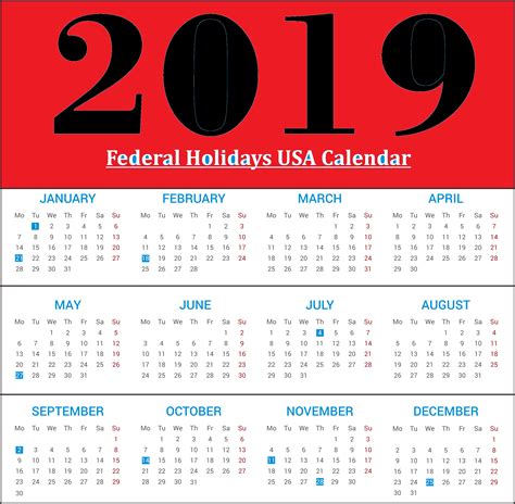 Federal Holidays 2019 Usa Calendar 2019calendar 2019holidayscalendar
